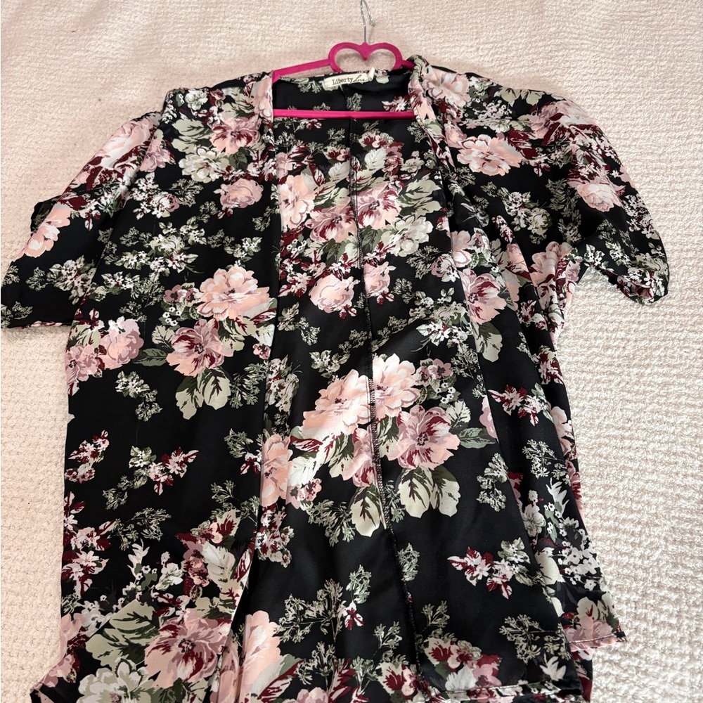 Liberty Love Black Floral Open-Front Kimono Tunic